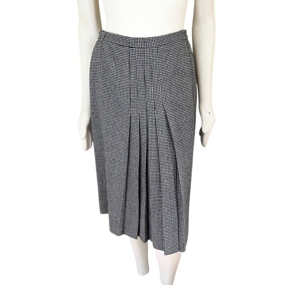 VTG SAVILLE Pleated Houndstooth Midi Skirt in Black & White  Wool blend  SZ 8